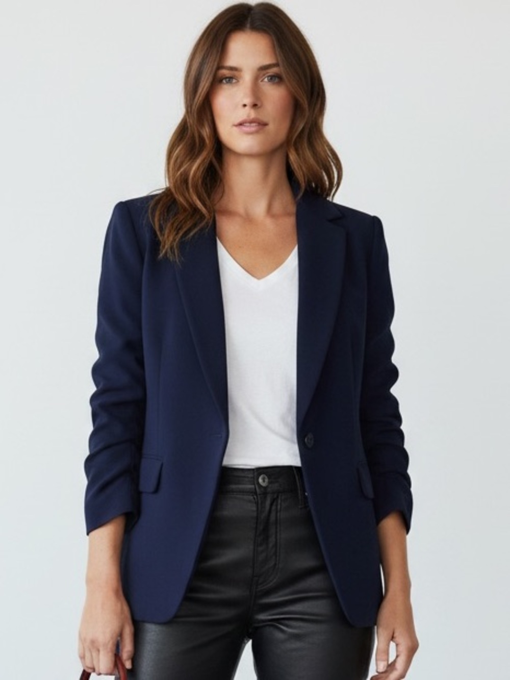 Alice + Olivia Navy Blazer Ruched Sleeve Detail Pointed Collar Size 6